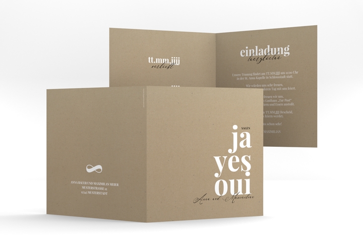 Hochzeitseinladung Oui quadr. Klappkarte Kraftpapier mit Ja-Wort in verschiedenen Sprachen