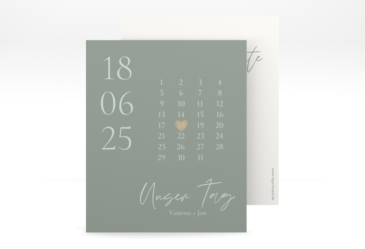 Save the Date-Kalenderblatt Day Kalenderblatt-Karte gruen mit Datum im minimalistischen Design