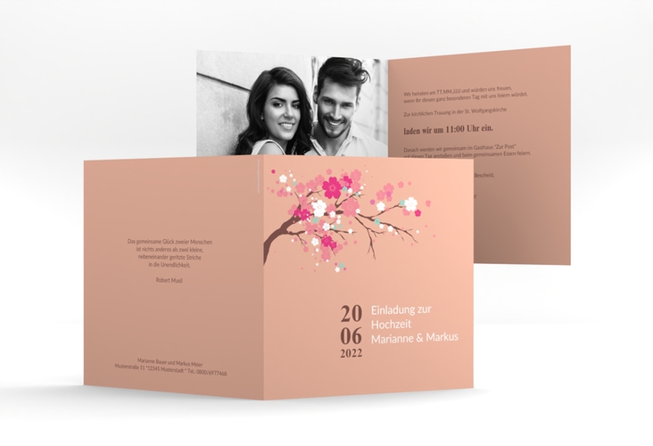 Hochzeitseinladung Sakura quadr. Klappkarte apricot