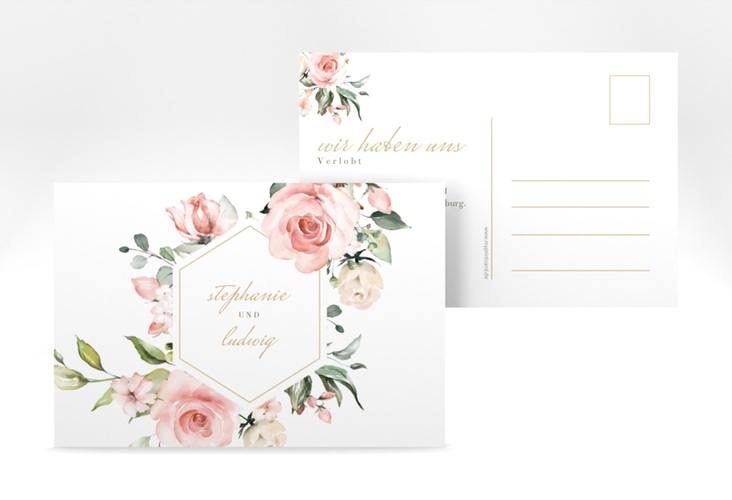 Verlobungskarte Hochzeit Graceful A6 Postkarte weiss mit Rosenblüten in Rosa und Weiß