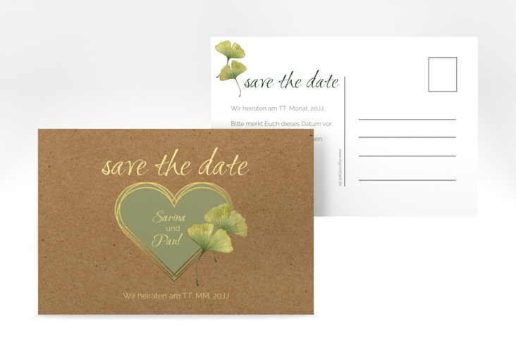 Save the Date-Postkarte Ginko A6 Postkarte mit Herz und zwei Ginkgo-Blättern