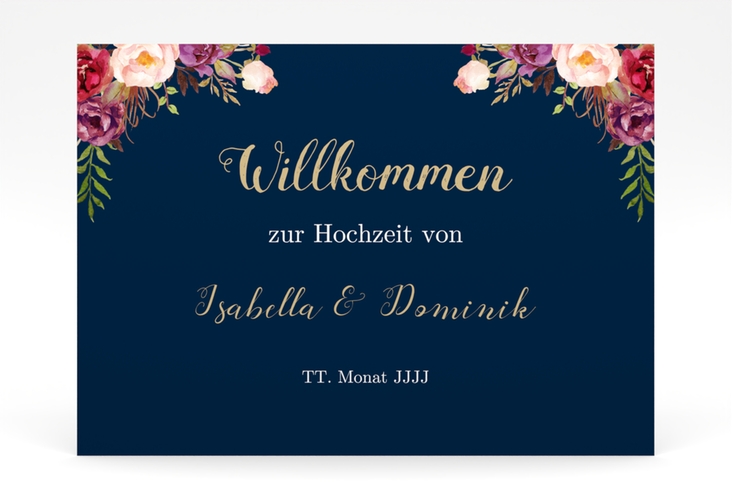 Willkommensschild Poster Flowers 70 x 50 cm Poster blau mit bunten Aquarell-Blumen