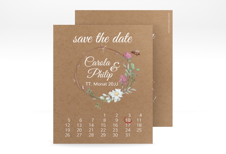 Save the Date-Kalenderblatt Honey Kalenderblatt-Karte Kraftpapier mit Wiesenblumen und Biene