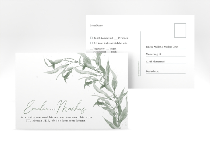 Antwortkarte Hochzeit Eucalyptus Green A6 Postkarte weiss