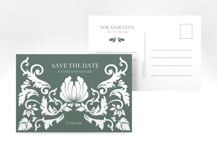 Save the Date-Postkarte Royal A6 Postkarte gruen hochglanz mit barockem Blumen-Ornament