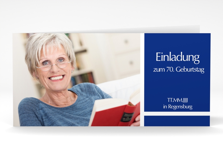 Einladung 70. Geburtstag Gerd/Gerda lange Klappkarte quer blau mit Foto