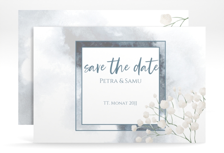 Save the Date-Karte Winter A6 Karte quer blau hochglanz mit Schleierkraut