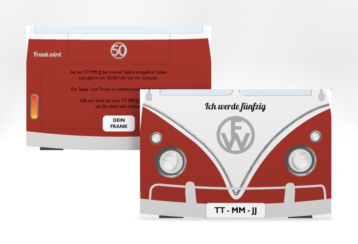 Einladung 50. Geburtstag Bulli Bus A6 Karte quer rot hochglanz