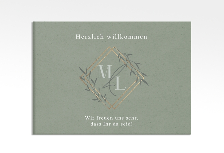 Willkommensschild Leinwand Greenletter 70 x 50 cm Leinwand mit Initialen in elegantem Goldrahmen mit Blättern