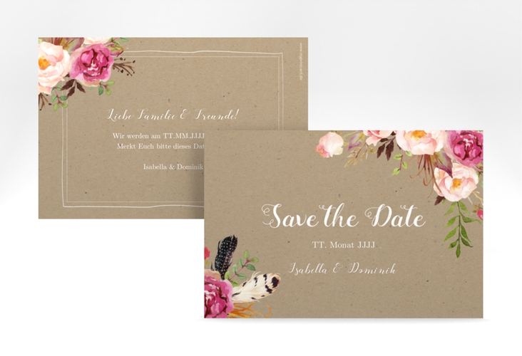 Save the Date-Karte Flowers A6 Karte quer Kraftpapier mit bunten Aquarell-Blumen