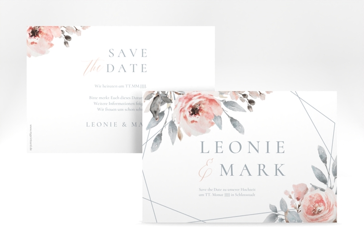 Save the Date-Karte Perfection A6 Karte quer weiss hochglanz mit rosa Rosen