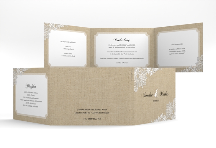 Hochzeitseinladung Lace A6 Doppel-Klappkarte beige in Leinen-Optik mit weißer Spitze