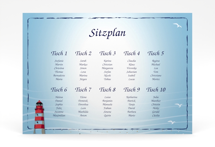 Sitzplan Poster Hochzeit Sylt 70 x 50 cm Poster blau mit Leuchtturm