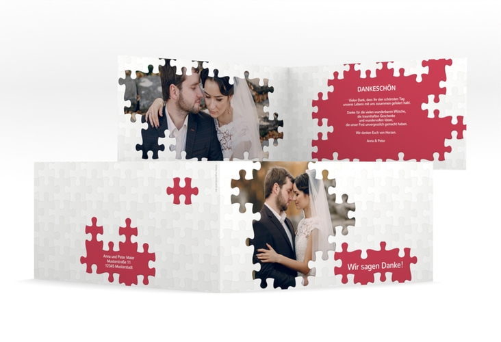 Dankeskarte Hochzeit Puzzle lange Klappkarte quer rot