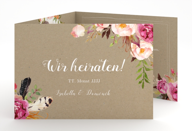 Hochzeitseinladung Flowers A6 Doppel-Klappkarte Kraftpapier hochglanz mit bunten Aquarell-Blumen