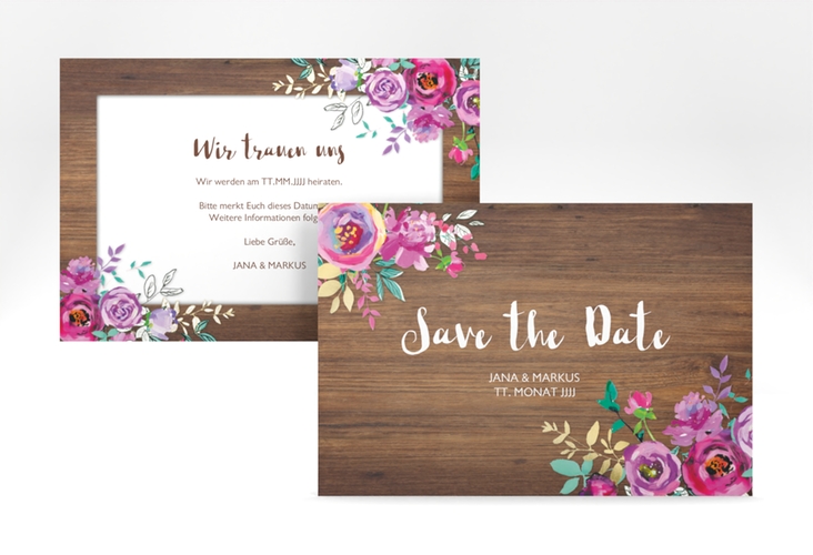 Save the Date-Karte Flourish A6 Karte quer mit floraler Bauernmalerei auf Holz