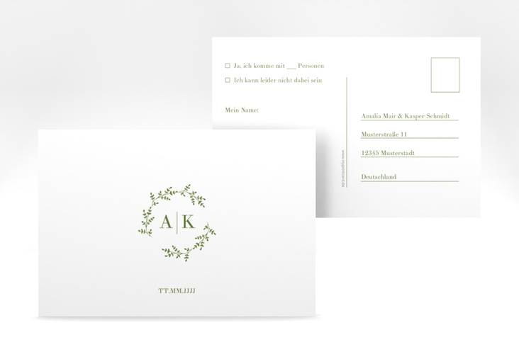 Antwortkarte Hochzeit Filigrana A6 Postkarte gruen in reduziertem Design mit Initialen und zartem Blätterkranz