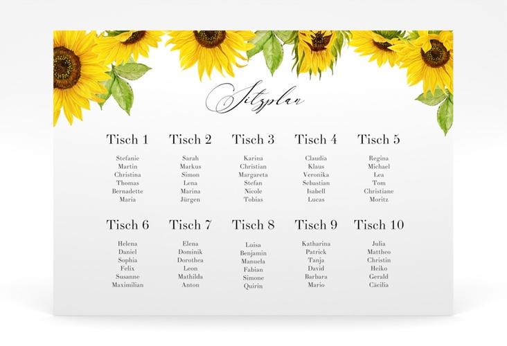 Sitzplan Poster Hochzeit Sonnenblume 70 x 50 cm Poster