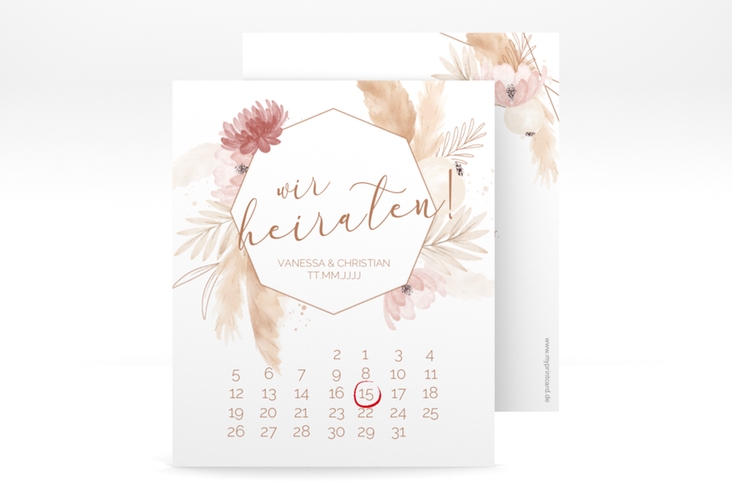 Save the Date-Kalenderblatt Bohostyle Kalenderblatt-Karte hochglanz mit Pampasgras in Aquarell