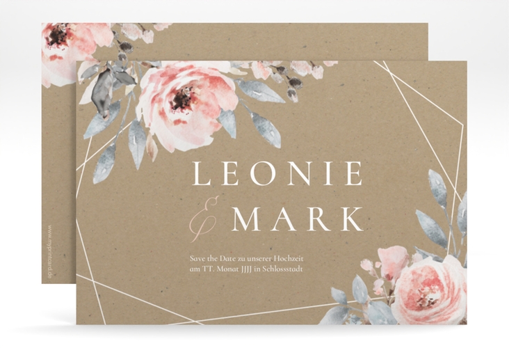 Save the Date-Karte Perfection A6 Karte quer Kraftpapier mit rosa Rosen