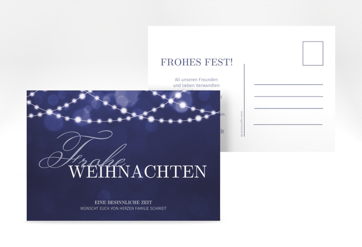 Weihnachtskarte Lichterzauber A6 Postkarte blau elegant mit Lichterkette und Bokeh