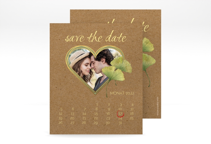 Save the Date-Kalenderblatt Ginko Kalenderblatt-Karte hochglanz mit Herz und zwei Ginkgo-Blättern