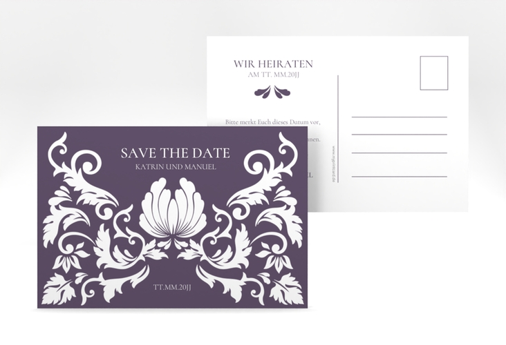 Save the Date-Postkarte Royal A6 Postkarte lila hochglanz mit barockem Blumen-Ornament