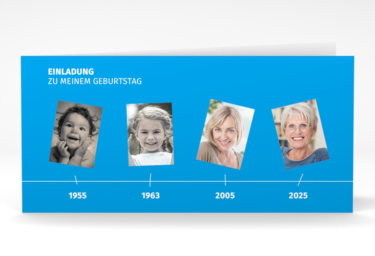 Einladung 70. Geburtstag Timeline lange Klappkarte quer blau