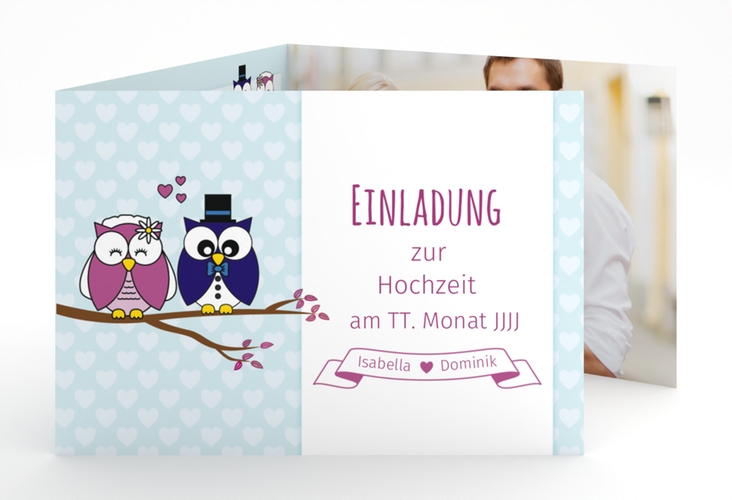 Hochzeitseinladung Eulenliebe A6 Doppel-Klappkarte blau