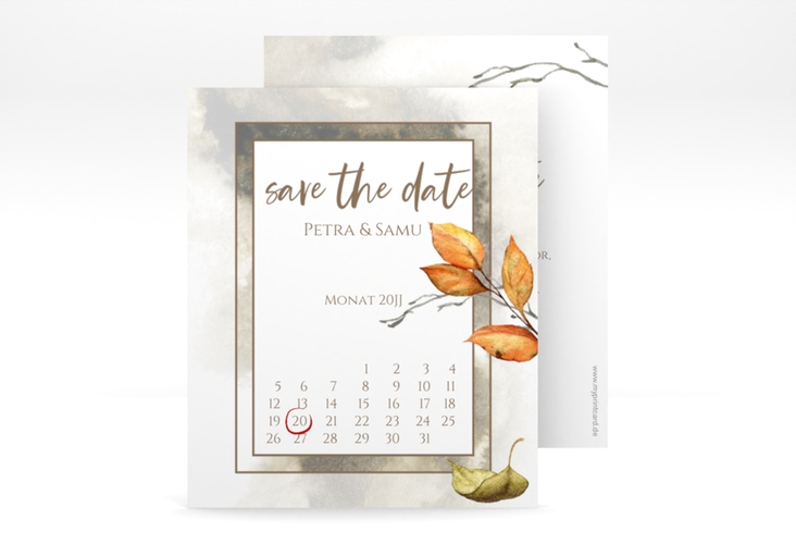 Save the Date-Kalenderblatt Herbst Kalenderblatt-Karte mit orangefarbigem Herbstlaub in Aquarell