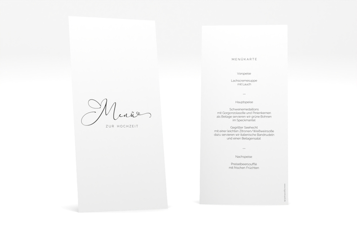 Menükarte Hochzeit Jawort lange Karte hoch weiss modern minimalistisch mit veredelter Aufschrift