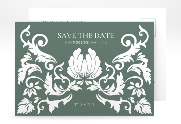 Save the Date-Postkarte Royal A6 Postkarte gruen hochglanz mit barockem Blumen-Ornament