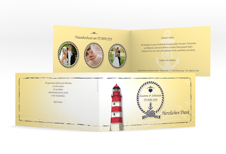 Danksagungskarte Hochzeit Sylt lange Klappkarte quer gelb mit Leuchtturm