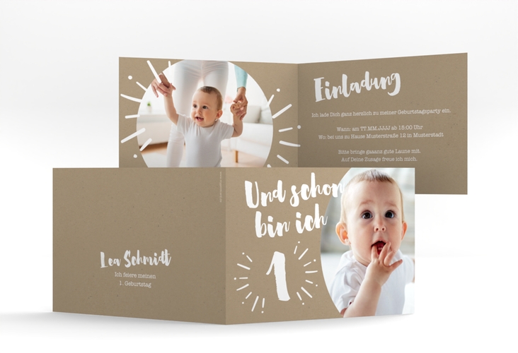 Einladungskarte Kindergeburtstag Yippie A6 Klappkarte quer Kraftpapier hochglanz zum 1. Geburtstag mit Babyfoto