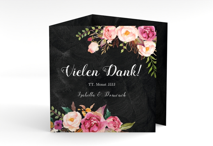 Dankeskarte Hochzeit Flowers quadr. Doppel-Klappkarte schwarz mit bunten Aquarell-Blumen