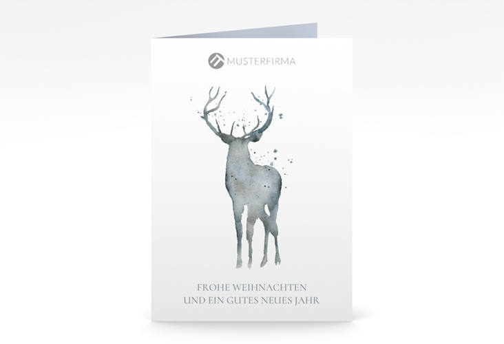 Business-Weihnachtskarte Edelhirsch A6 Klappkarte hoch blau hochglanz mit Hirsch-Silhouette in Aquarell