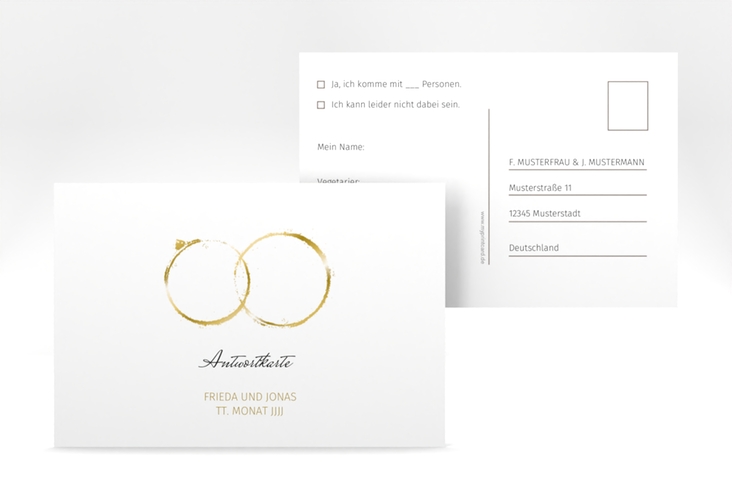 Antwortkarte Hochzeit Trauringe A6 Postkarte gold minimalistisch gestaltet mit zwei Eheringen