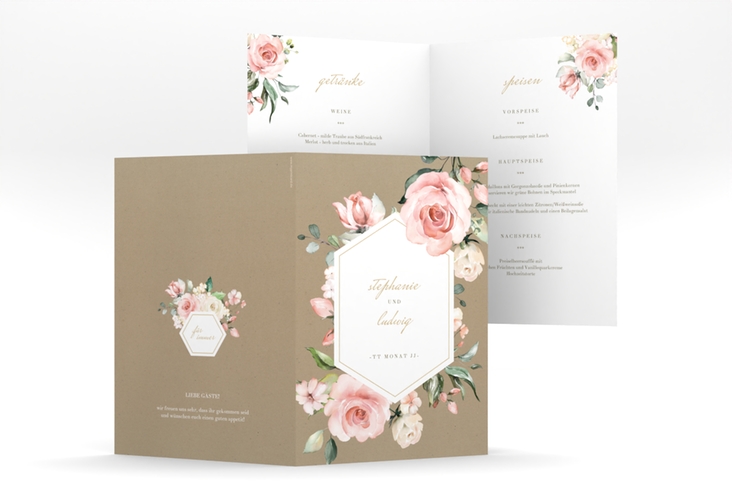 Menükarte Hochzeit Graceful A5 Klappkarte hoch Kraftpapier mit Rosenblüten in Rosa und Weiß