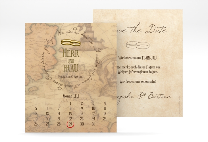 Save the Date-Kalenderblatt Zwei Ringe Kalenderblatt-Karte beige mit Eheringen und Fantasy-Landkarte