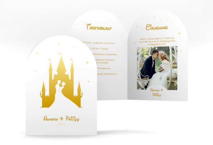 Einladungskarte Hochzeit Castle A6 Bogen-Klappkarte + Foto gold