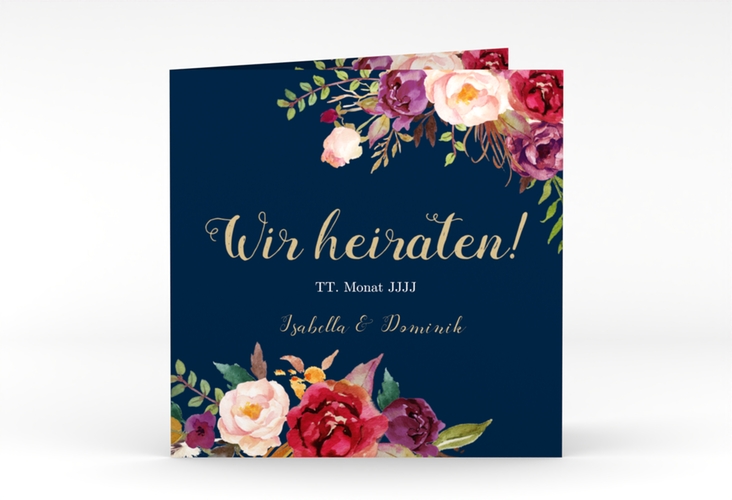 Hochzeitseinladung Flowers quadr. Klappkarte blau mit bunten Aquarell-Blumen