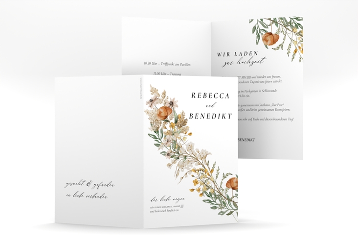 Einladungskarte Hochzeit Wildfang A6 Klappkarte hoch weiss hochglanz mit getrockneten Wiesenblumen