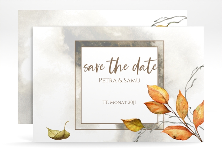 Save the Date-Karte Herbst A6 Karte quer braun hochglanz mit orangefarbigem Herbstlaub in Aquarell