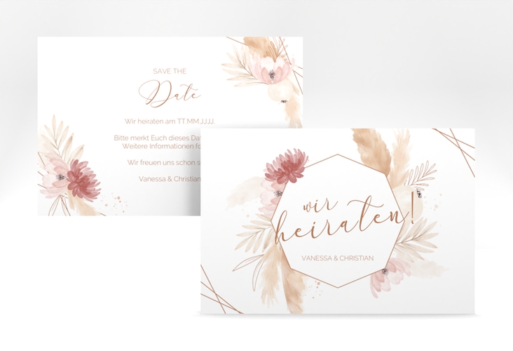 Save the Date-Karte Bohostyle A6 Karte quer beige mit Pampasgras in Aquarell