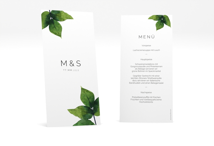 Menükarte Hochzeit Greenery lange Karte hoch gruen minimalistisch mit grünen Blättern