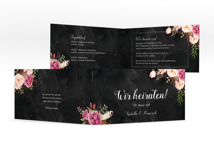 Hochzeitseinladung Flowers lange Klappkarte quer schwarz hochglanz mit bunten Aquarell-Blumen