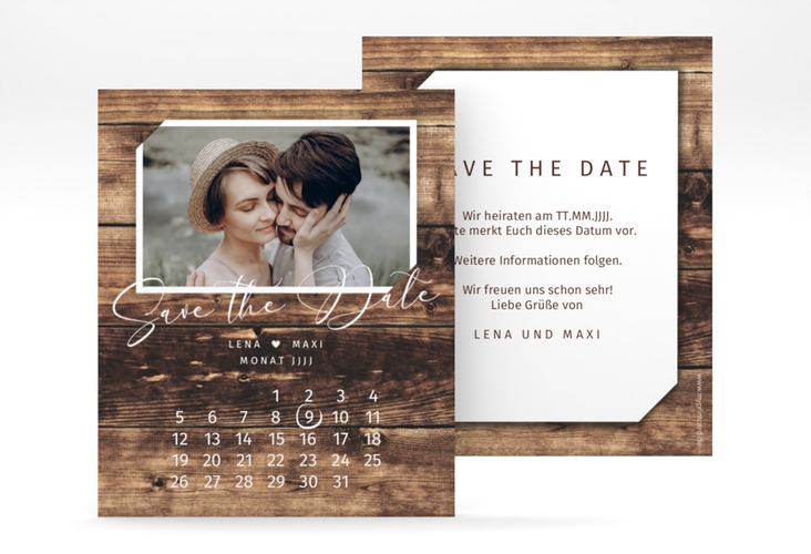 Save the Date-Kalenderblatt Rustic Kalenderblatt-Karte braun hochglanz