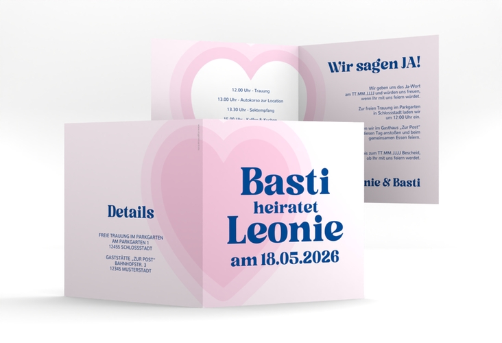 Hochzeitseinladung Retroherz quadr. Klappkarte rosa hochglanz