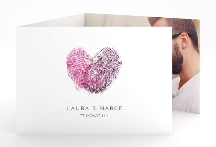 Hochzeitseinladung Fingerprint A6 Doppel-Klappkarte pink schlicht mit Fingerabdruck-Motiv