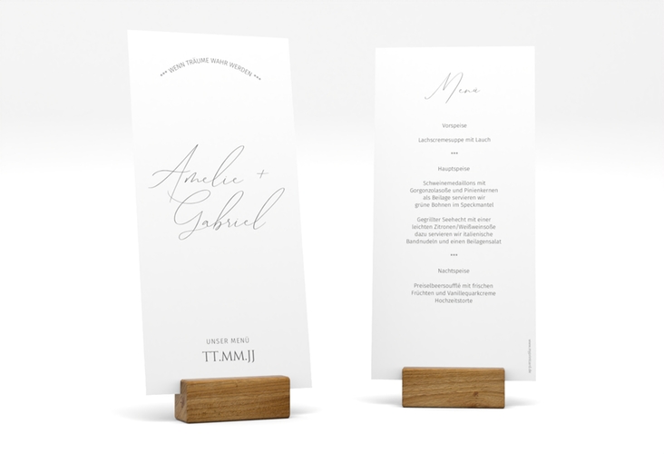 Menükarte Hochzeit Federschrift lange Karte hoch weiss hochglanz in schlichtem Design mit Kalligrafie